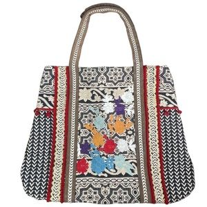Sundance Folklife Tote Boho Bohemian Bag Embroidered PomPoms Women's Purse